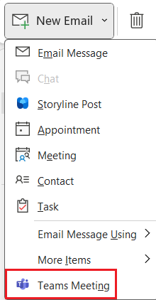Choosing the Teams Meeting option.